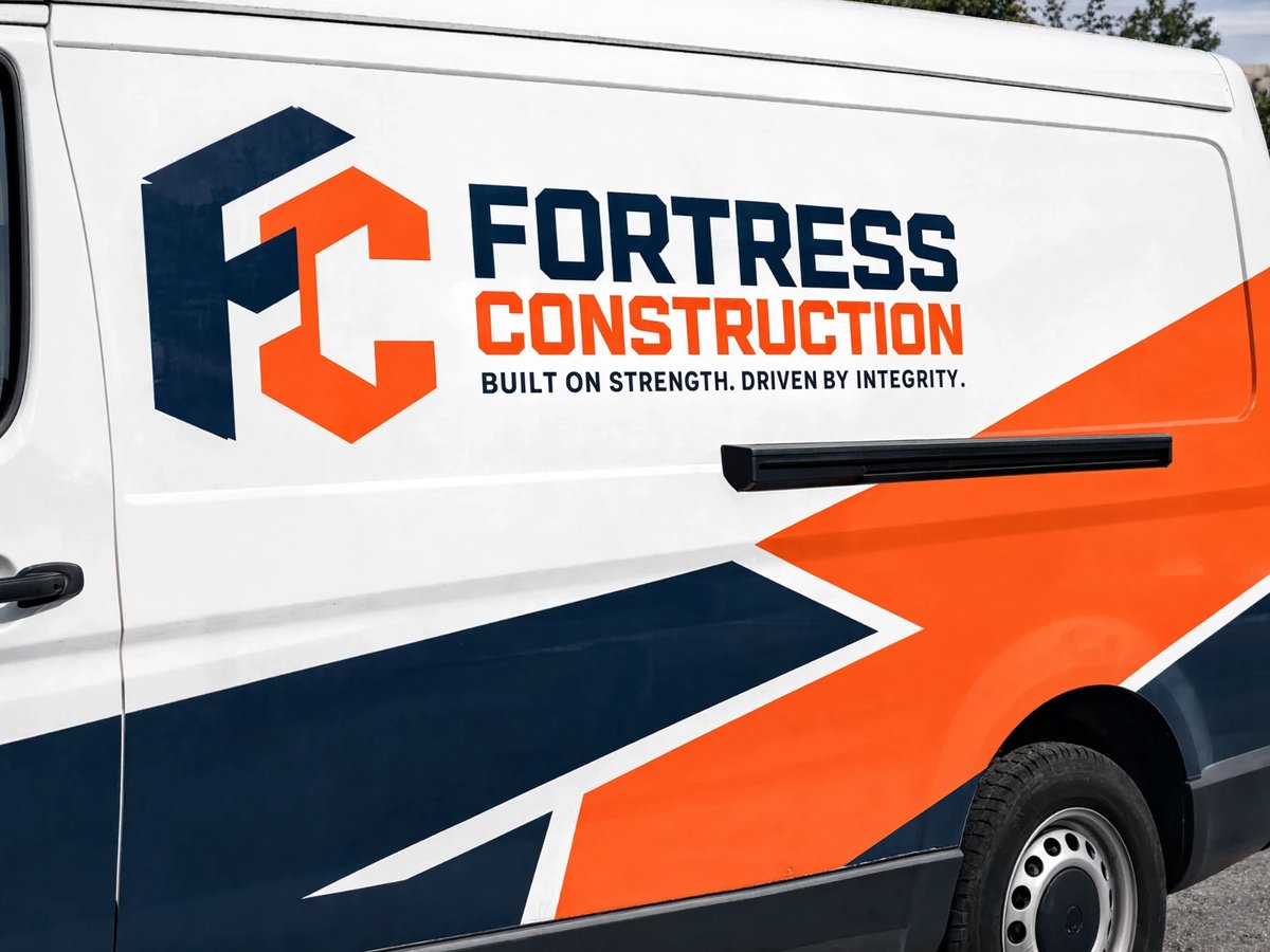 Fortress Construction van wrap printed from a vector logo file, sharp graphics with no pixelation